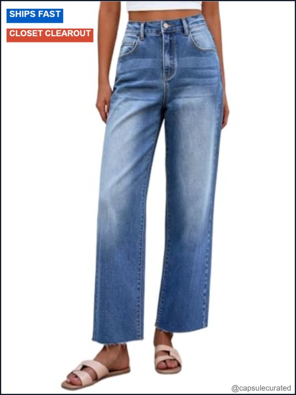 Mid Rise Straight Leg Jeans Frayed Raw Hem Stretchy Tummy Control Wide Leg